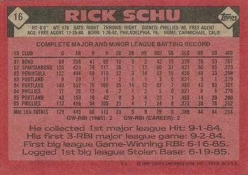 1986 Topps #16 Rick Schu Back