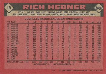 1986 Topps #19 Rich Hebner Back