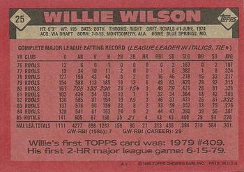 1986 Topps #25 Willie Wilson Back
