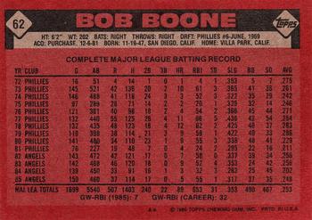 1986 Topps #62 Bob Boone Back