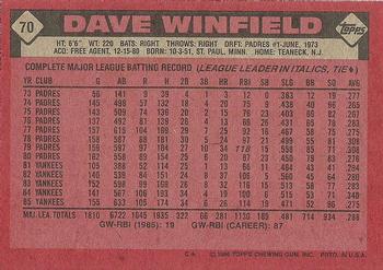 1986 Topps #70 Dave Winfield Back