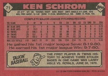 1986 Topps #71 Ken Schrom Back