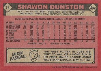 1986 Topps #72 Shawon Dunston Back