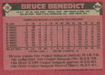 1986 Topps #78 Bruce Benedict Back