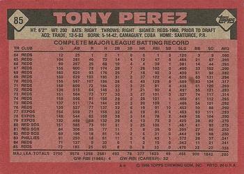 1986 Topps #85 Tony Perez Back