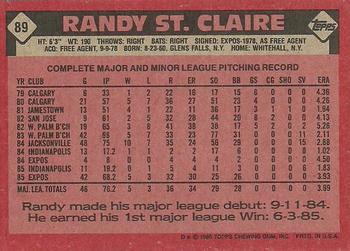 1986 Topps #89 Randy St. Claire Back