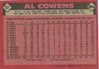 1986 Topps #92 Al Cowens Back