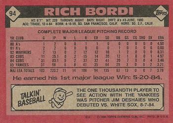 1986 Topps #94 Rich Bordi Back
