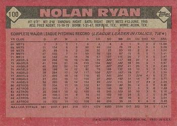 1986 Topps #100 Nolan Ryan Back