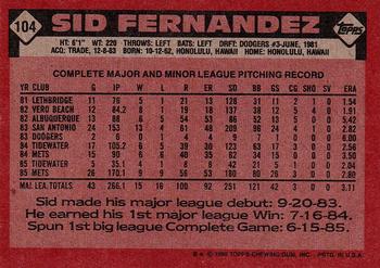 1986 Topps #104 Sid Fernandez Back