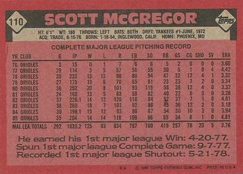 1986 Topps #110 Scott McGregor Back