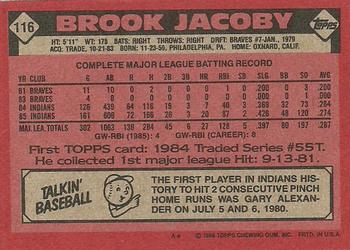 1986 Topps #116 Brook Jacoby Back