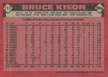 1986 Topps #117 Bruce Kison Back