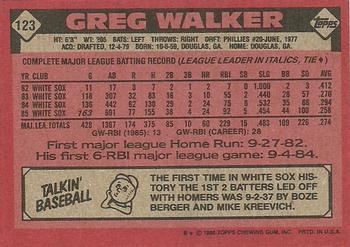 1986 Topps #123 Greg Walker Back