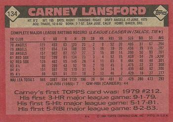 1986 Topps #134 Carney Lansford Back