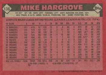 1986 Topps #136 Mike Hargrove Back