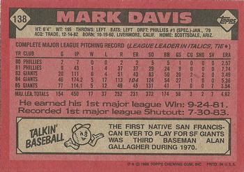 1986 Topps #138 Mark Davis Back