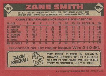 1986 Topps #167 Zane Smith Back