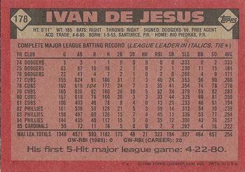 1986 Topps #178 Ivan DeJesus Back