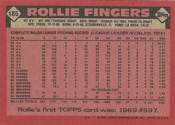 1986 Topps #185 Rollie Fingers Back