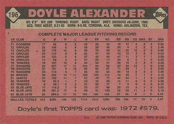 1986 Topps #196 Doyle Alexander Back