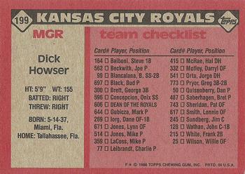 1986 Topps #199 Dick Howser Back