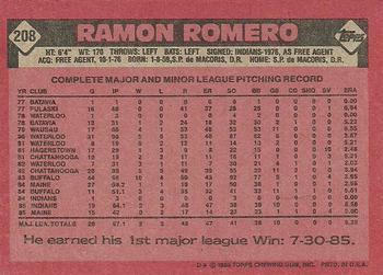 1986 Topps #208 Ramon Romero Back