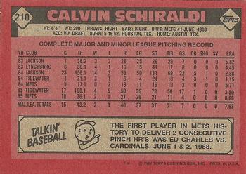 1986 Topps #210 Calvin Schiraldi Back