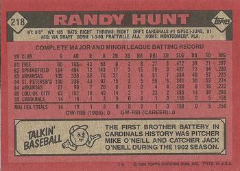 1986 Topps #218 Randy Hunt Back