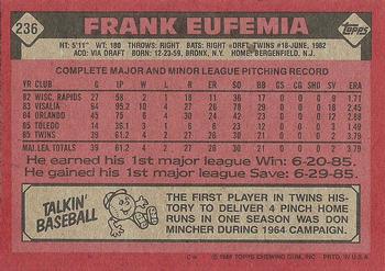 1986 Topps #236 Frank Eufemia Back
