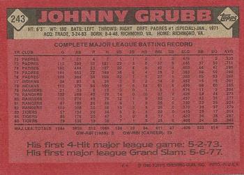 1986 Topps #243 Johnny Grubb Back