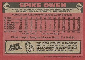 1986 Topps #248 Spike Owen Back