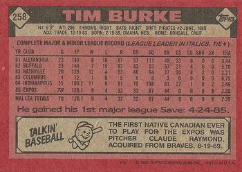 1986 Topps #258 Tim Burke Back