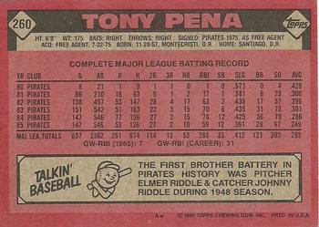 1986 Topps #260 Tony Pena Back