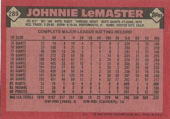 1986 Topps #289 Johnnie LeMaster Back