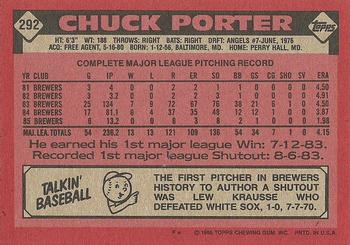 1986 Topps #292 Chuck Porter Back