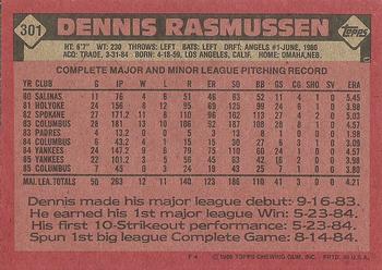 1986 Topps #301 Dennis Rasmussen Back