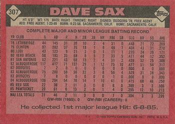 1986 Topps #307 Dave Sax Back