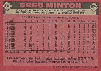 1986 Topps #310 Greg Minton Back
