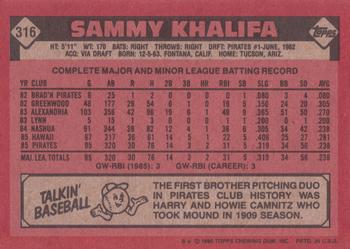 1986 Topps #316 Sammy Khalifa Back