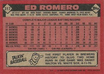 1986 Topps #317 Ed Romero Back