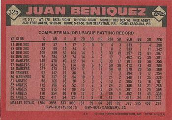 1986 Topps #325 Juan Beniquez Back