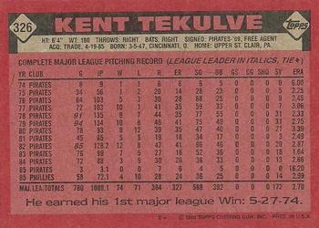 1986 Topps #326 Kent Tekulve Back