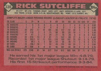 1986 Topps #330 Rick Sutcliffe Back