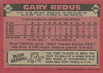 1986 Topps #342 Gary Redus Back