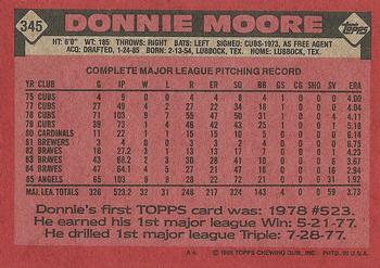 1986 Topps #345 Donnie Moore Back