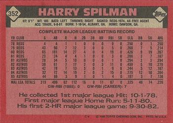 1986 Topps #352 Harry Spilman Back