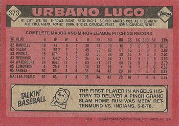 1986 Topps #373 Urbano Lugo Back