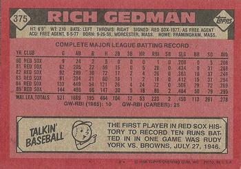1986 Topps #375 Rich Gedman Back