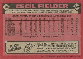 1986 Topps #386 Cecil Fielder Back